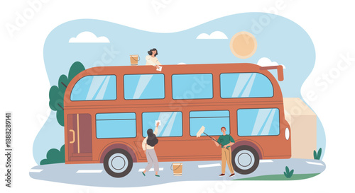 People washing bus. Man and woman wash large red bus. Cleanliness, sanitation and disinfection. Guy and girls wipe down vehicle with antibacterial products. Flat vector illustration