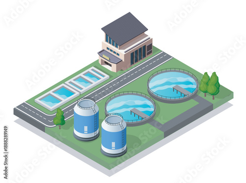 Isometric wastewater treatment facility. Cisterns, pipelines and pools with water. Liquid treatment, osmosis, and purification. Care about nature. Volumetric vector illustration