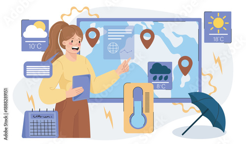 Weather presenter concept. Woman near map, thermometer and umbrella. Meteorology and weather forecast. Tv show with information about climate. Flat vector illustration