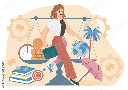 Work life balance. Woman standing next to scale with gold coins and palm tree. Prioritization and time management, planning. Success and inner peace. Flat vector illustration