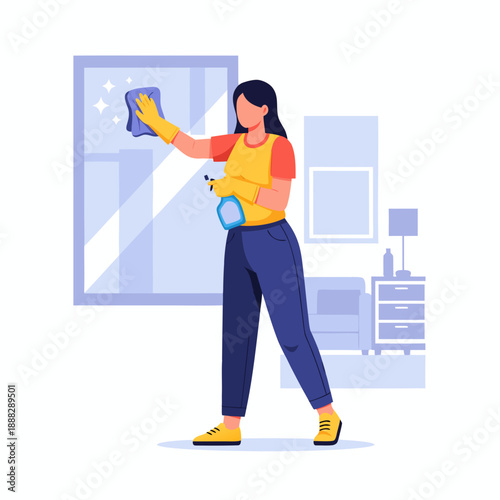 Woman wiping window glass while standing in a clean living room, vector  