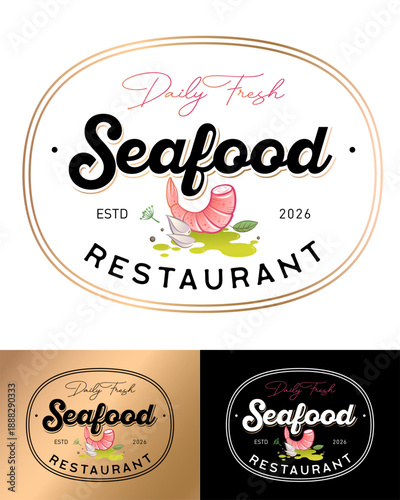 Premium signboard or label for a restaurant.  Seafood deli. Letters and shrimp tail with seasonings and oil on rounded badge.