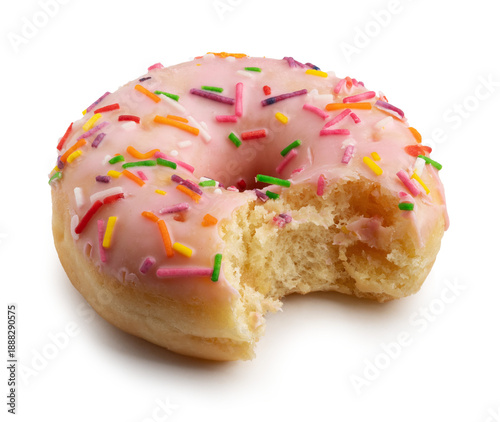 Closeup view of a pink glazed donut with bite isolated on white background with shadows