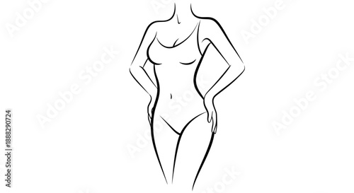 Confident woman posing with hands on her hips, showcasing body strength and positivity in a continuous line art illustration on an isolated white background.