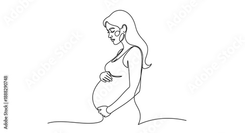 Pregnant woman gently touching her belly and looking down thoughtfully, isolated white background, embodying maternal love and anticipation