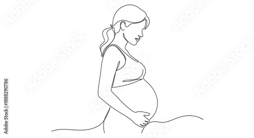 Pregnant woman gently touching her belly in profile view, isolated white background, feeling expectant and loving
