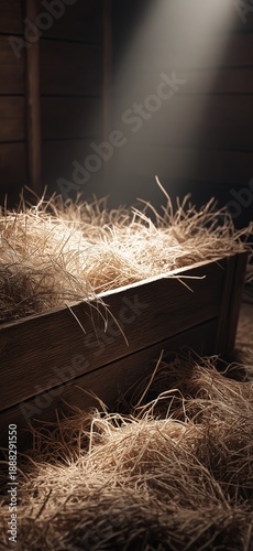 Wooden manger with straw under soft spot light. Empty wooden manger with straw receiving warm light, symbolizing birth and new beginnings © Aquir