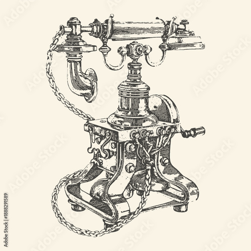 Elegant Vintage Telephone with Hand Crank and Receiver - Detailed Engraving Style Illustration on a Light Neutral Background