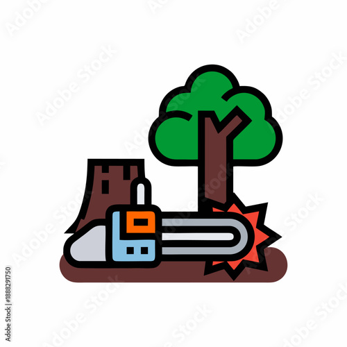 Chainsaw Cutting Down Tree Illustration.