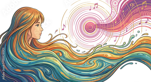 A womans hair turning into flowing liquid textures that emit sound waves isolated