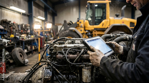 Heavy equipment mechanic running digital diagnostics on diesel engine with tablet in industrial workshop and construction machinery background for maintenance and repair