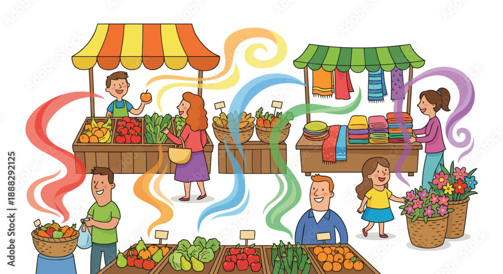 Naklejka premium A bustling market scene where scents are visualized as colored ribbons isolated