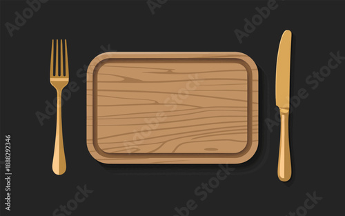 A wooden plate with a fork and knife on a dark background viewed from directly above