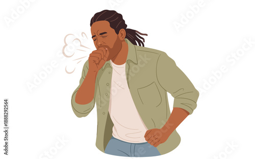 A young man coughing with hand on hip, illustration of a person experiencing discomfort, from a frontal viewpoint