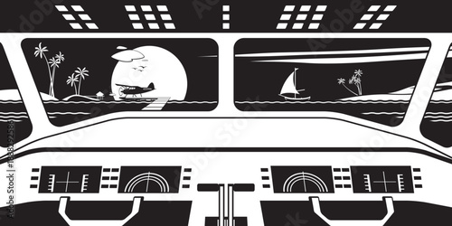 View to islands with palm trees from the cockpit of the seaplane – vector illustration