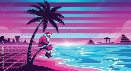 Santa Claus Relaxing on Tropical Palm Tree with Retro Synthwave Sunset