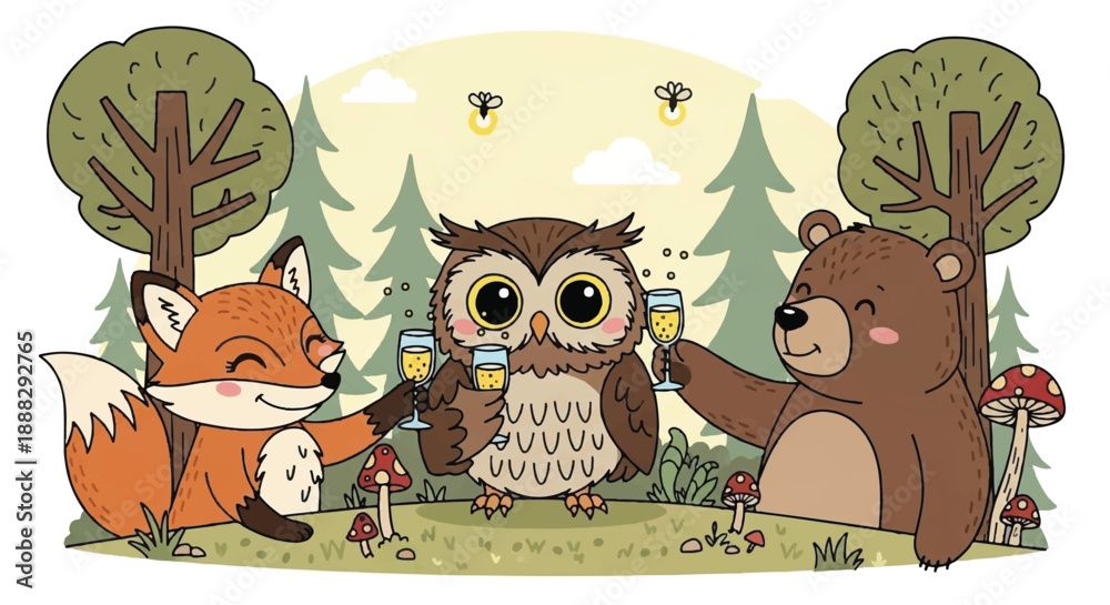 Obraz premium Cute Forest Animals Celebration Illustration with Owl Fox and Bear