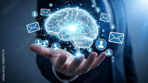 A hand holds a digital brain with glowing circuits and communication icons surrounding it