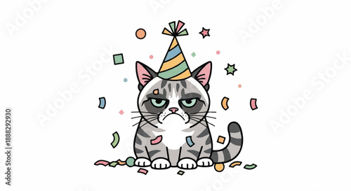 Cute Sad Cat Character Wearing Party Hat with Confetti Rain