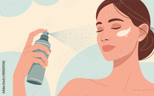 Woman applying facial spray to her face with eyes closed in a serene environment
