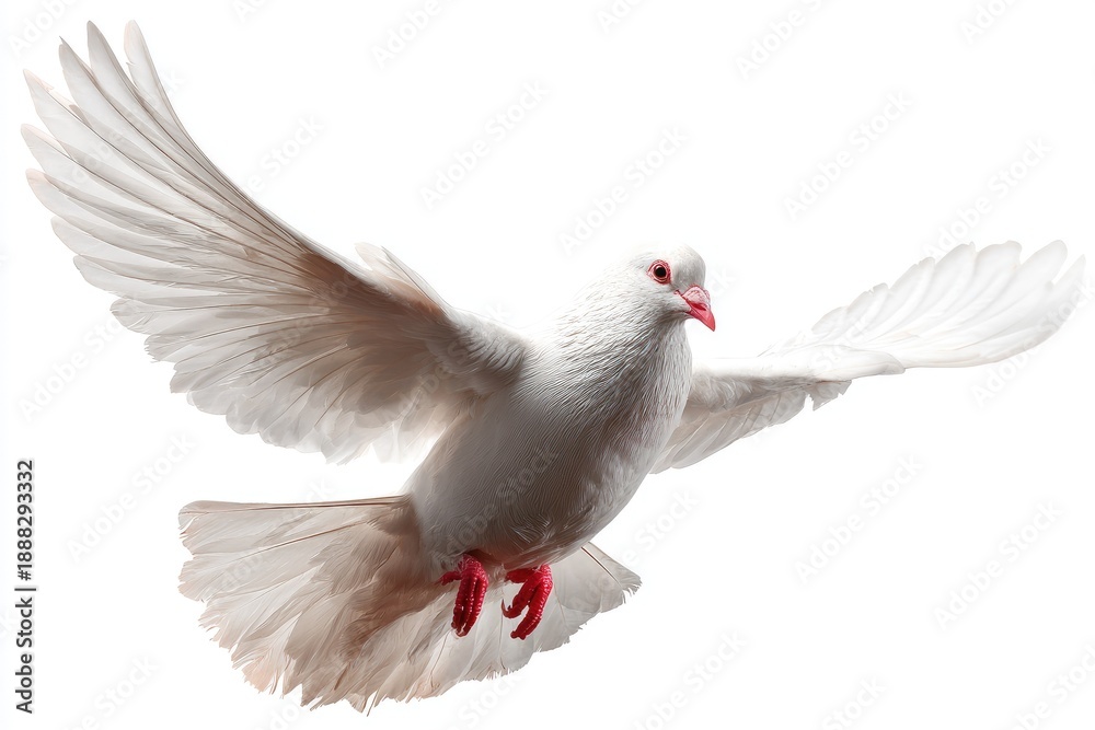 Fototapeta premium White dove in flight against a clean white background symbolic of peace and hope