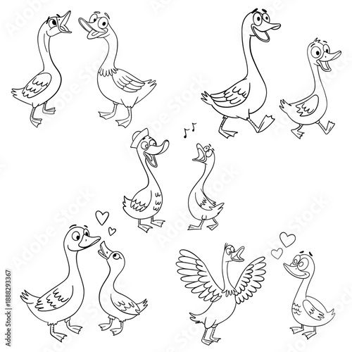 Cute hand drawn coloring pages set featuring a loving geese couple in sweet and heartwarming scenes