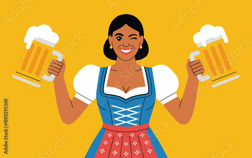 Woman in traditional dress holding beer mugs in a festive celebration scene