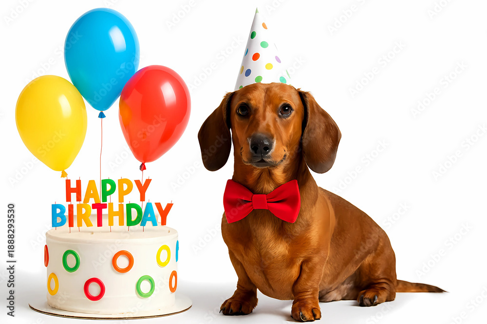 Fototapeta premium Adorable dachshund dog wearing a party hat and red bow tie sitting next to a colorful birthday cake with balloons on a white background