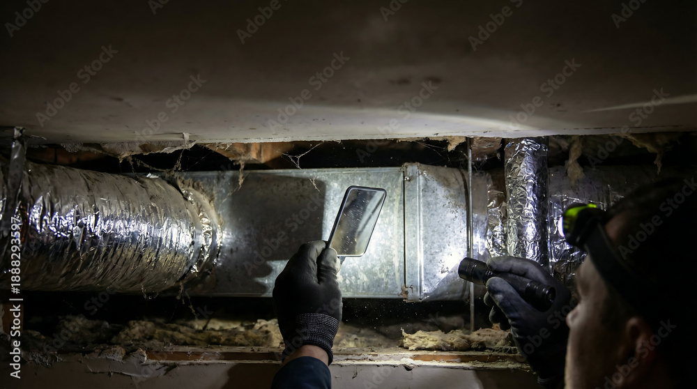 Fototapeta premium HVAC technician inspecting insulated air ductwork in dusty crawl space using flashlight and inspection mirror home ventilation maintenance and repair concept