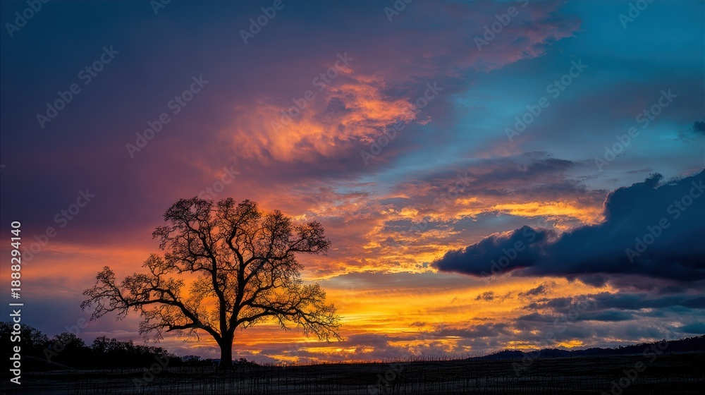Naklejka premium Vibrant sunset sky with silhouetted tree against colorful cloudscape.