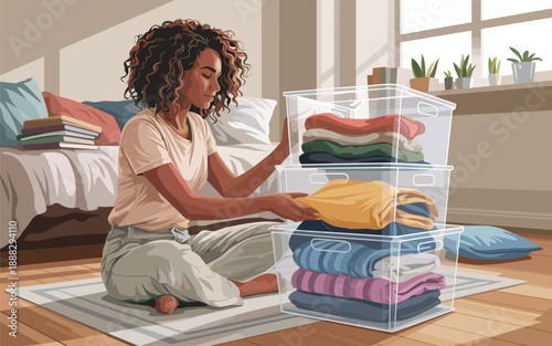 Woman organizing clothes in a plastic storage container on a bedroom floor surrounded by bedding and a bed