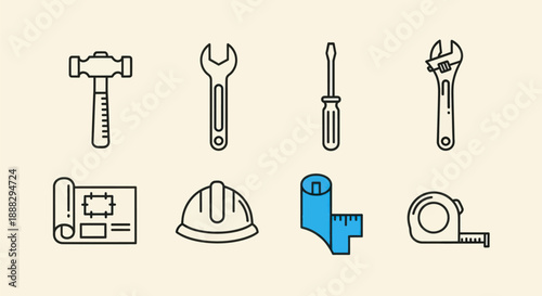Set of construction tools illustrations on a light beige background