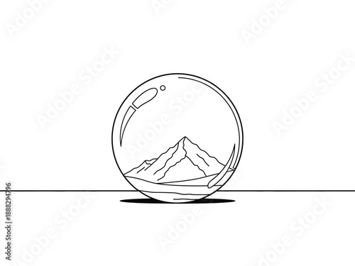 Minimalist Line Art of a Mountain Landscape Inside a Bubble.