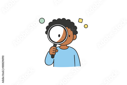 African child examining with magnifying glass in cartoon style illustration