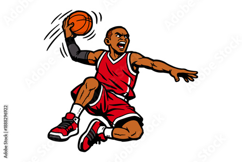 Athletic african male teen basketball player dunking with passion