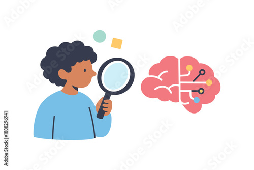 Male child examining brain diagram with magnifying glass