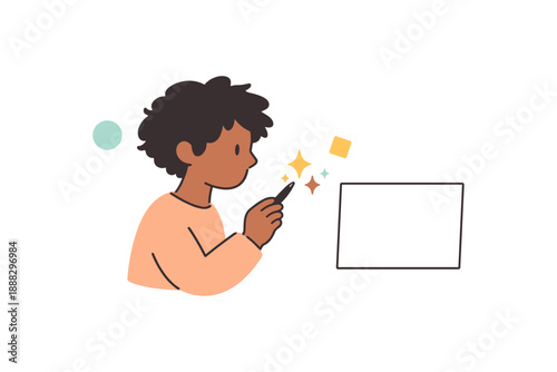 Young african male drawing on tablet with stylus and colorful shapes