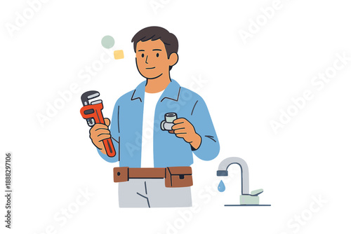 Male plumber with tools fixing a leaking faucet