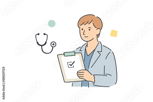 Young caucasian male doctor with clipboard and stethoscope in hand-drawn style