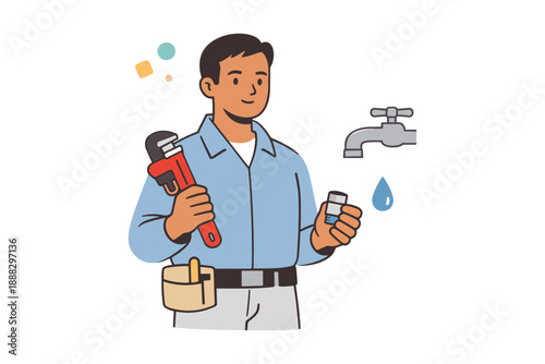Young hispanic male plumber fixing leak with tools in hand