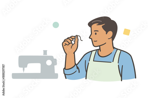 Young caucasian male seamstress threading needle near sewing machine