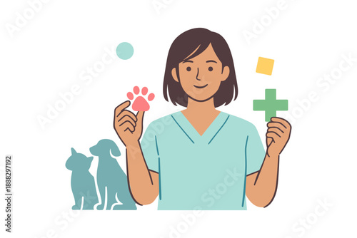 Female veterinarian holding pet symbols: caring for animals and health