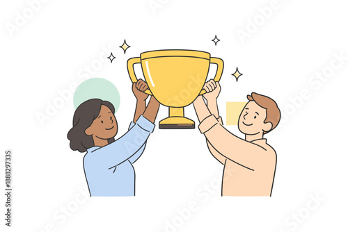 Male and female characters celebrating victory with large trophy