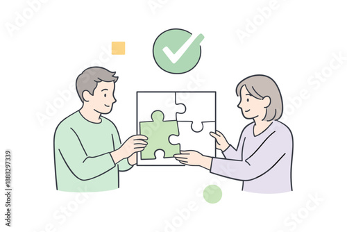 Collaborative teamwork: young caucasian adults solving puzzle together