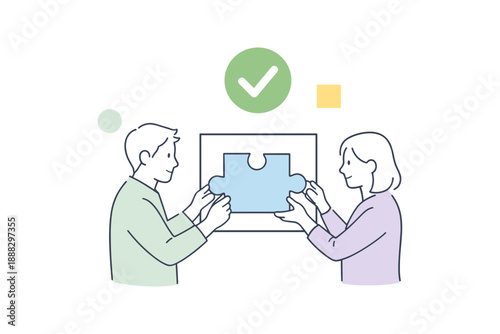 Young caucasian male and female solving puzzle together with success checkmark