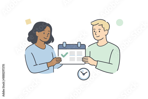 Caucasian and african female team scheduling meeting with calendar