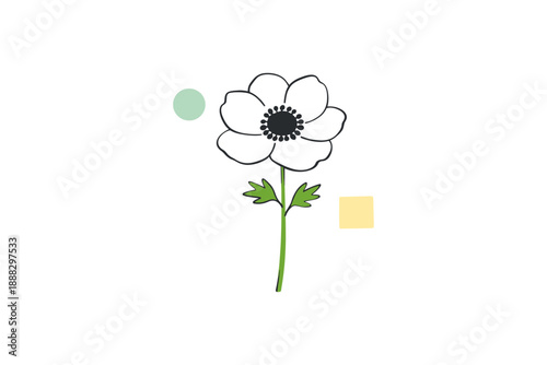 Minimalist black and white flower illustration with green stem and geometric shapes