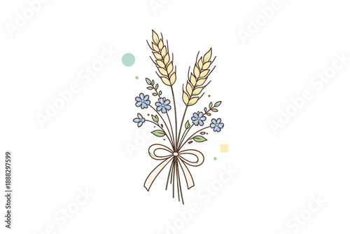 Elegant bouquet with wheat and blue flowers on white background