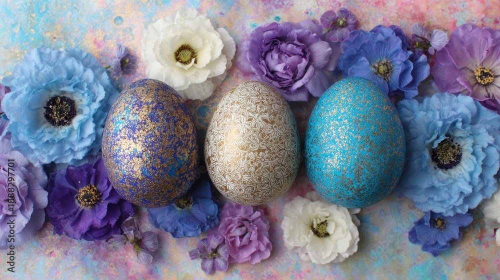 Obraz premium Colorful eggs and flowers displayed on a bright surface for decoration