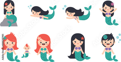 Cute Cartoon Mermaid Character Set with Different Hairstyles and Poses in Flat Vector Style